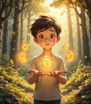 A boy named Bobby smiling as he holds a single magic gold coin
