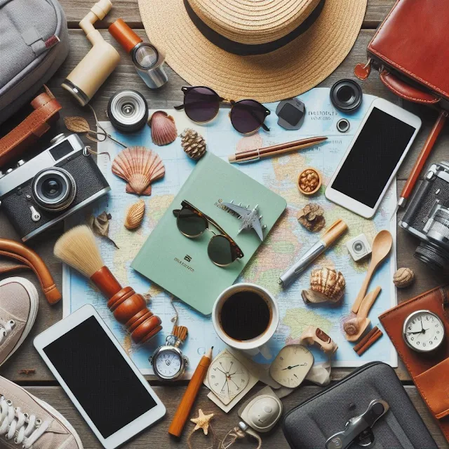 Overhead view of travel accessories, including cameras, sunglasses, a passport, map, coffee, and various small items, laid out on a wooden surface.