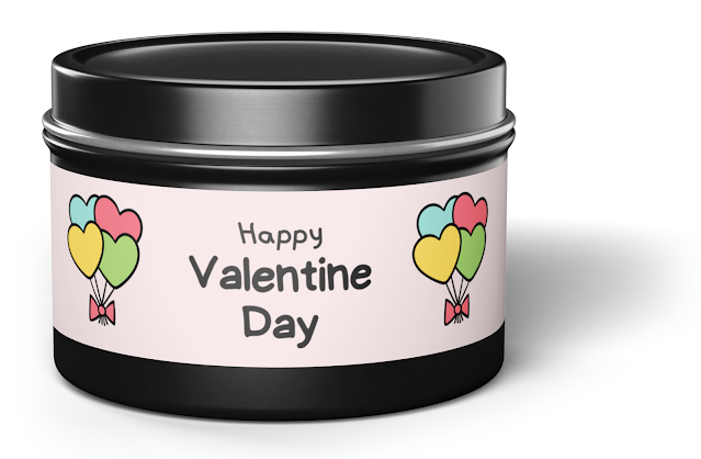 Tin Candle With Happy Valentines Day in Black, Colorful Heart Balloons and Pink Background