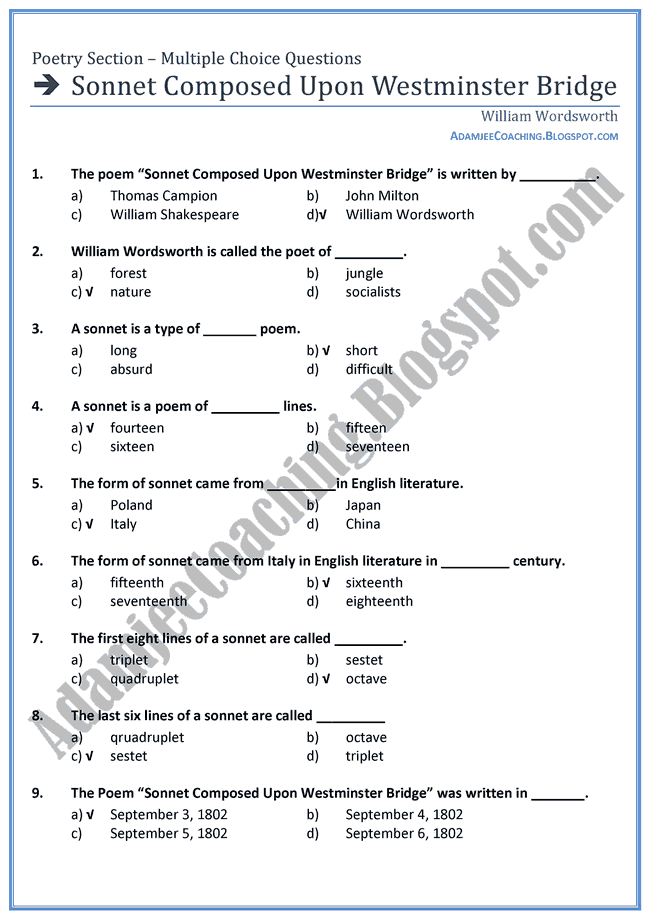 Sonnet-Composed-Upon-Westminster-Bridge-MCQs-English-XI