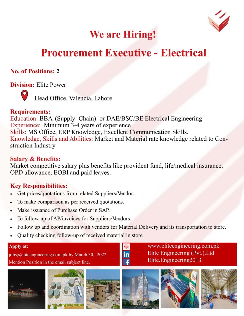 Elite Engineering Pvt Ltd Jobs Procurement Executive - Electrical