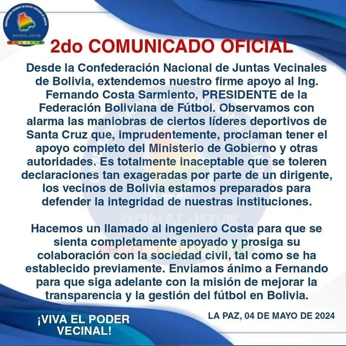 Confederación Nacional de Juntas Vecinales de Bolivia brinda su respaldo total al Ing. Fernando Costa Sarmiento