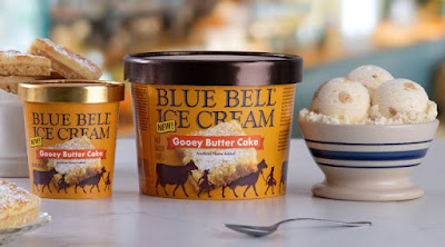 A pint, half-gallon, and bowl of Blue Bell Gooey Butter Cake ice cream.
