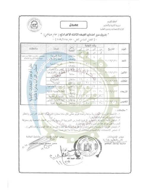 اخر تعديل : الجدول المعدل لأمتحانات محافظة الفيوم 2019 للصفوف (ابتدائى واعدادى وثانوى) ترم اول