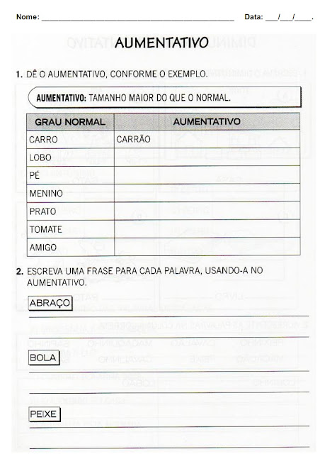 Grau do substantivo aumentativo e diminutivo exercícios