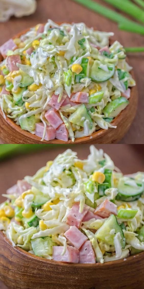 Made with fresh cabbage, cucumbers, ham, corn, and scallions, this tasty and crunchy Cabbage and Ham Salad is packed with vitamins and makes a quick lunch or side dish. #cabbage #ham #salad #lunch…