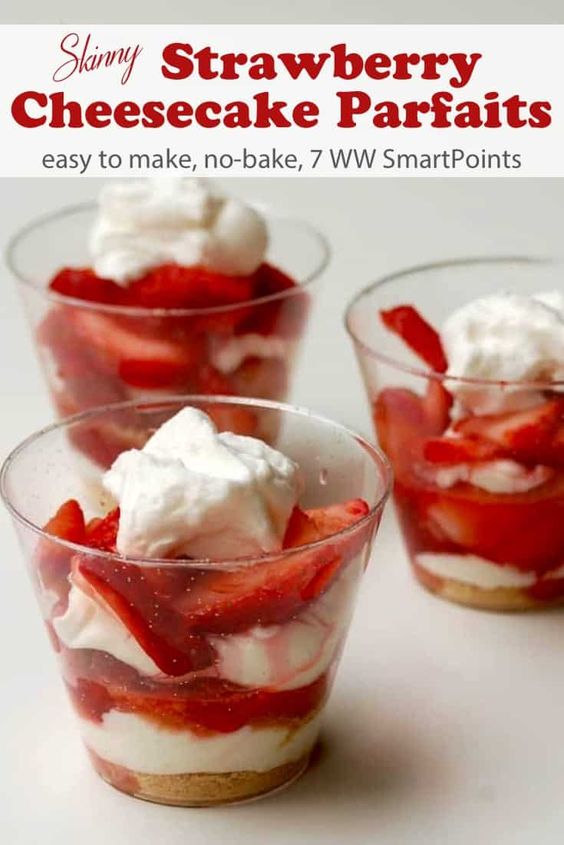 Light and delicious skinny no-bake strawberry cheesecake parfaits are a big hit with friends and family with just 188 calories and 7 Weight Watchers Freestyle SmartPoints! #nobakestrawberrycheesecakeparfait #strawberrycheesecakeparfait #strawberrycheesecake #nobakecheesecake #cheesecake #dessert #ww #wwfamily #weightwatchers #wwsisterhood