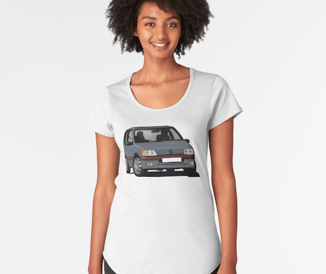 Cornering Peugeot 205 GTi in gray-blue, t-shirt for her