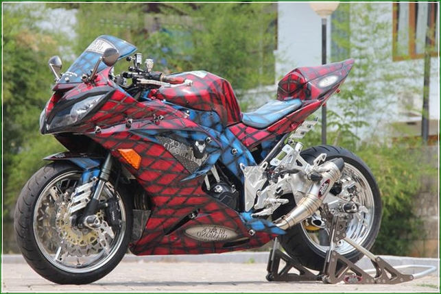 Dobel Cakram Dengan Airbrush merah Mirip Ular - Contoh Gambar Dan Foto Konsep Desain Modifikasi Kawasaki Ninja 4 Tak 250cc Sporti Ala Moge Keren Banget