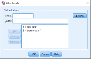 Tampilan kotak dialog Value Labels pada SPSS