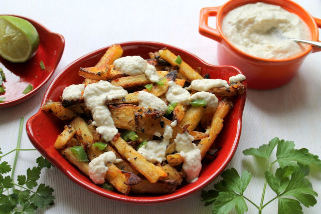 BAKED BATATA HARRA FRIES WITH EGGPLANT DIP