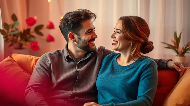 A high-quality, eye-catching image of a confident man smiling while having a deep, meaningful conversation with his partner in a cozy, romantic setting, symbolizing love, trust, and emotional connection.