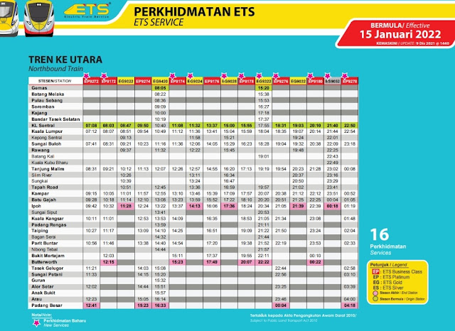 Jadual Perjalanan dan Harga Tiket ETS 2022 Malaysia (Utara - Selatan)