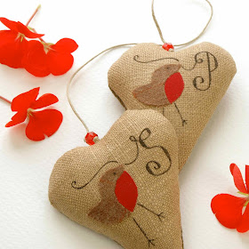 Robin hanging hearts decoration PDF pattern available soon in Bilberry Woods ETSY shop.