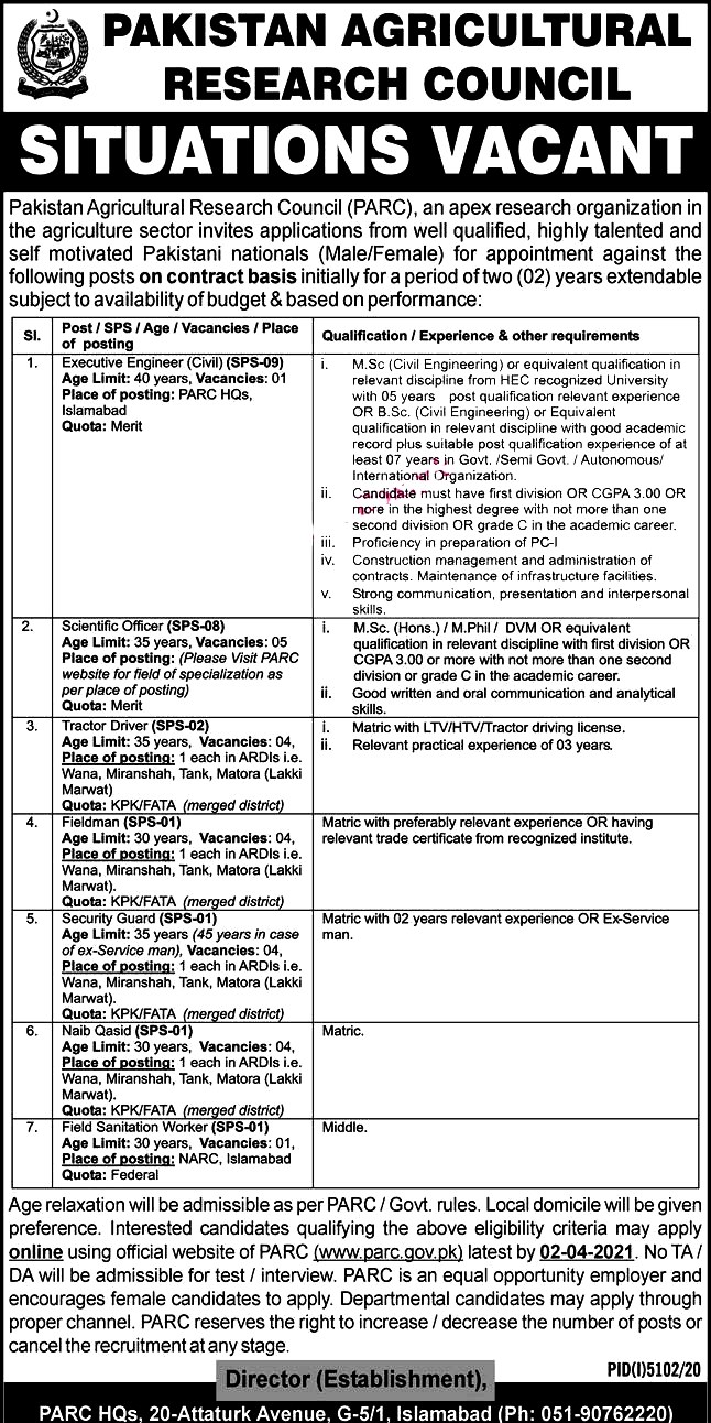 Latest Jobs in Pakistan Agriculture Research Council  PARC March 2021