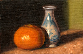 Oil painting of a mandarine beside a blue and white miniature porcelain vase.