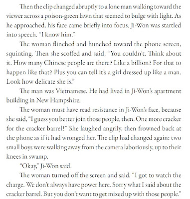 Then the clip changed abruptly to a lone man walking toward the viewer across a poison-green lawn that seemed to bulge with light. As he approached, his face came briefly into focus. Ji-Won was startled into speech. “I know him.” The woman flinched and hunched toward the phone screen, squinting. Then she scoffed and said, “You couldn’t. Think about it. How many Chinese people are there? Like a billion? For that to happen like that? Plus you can tell it’s a girl dressed up like a man. Look how delicate she is.” The man was Vietnamese. He had lived in Ji-Won’s apartment building in New Hampshire. The woman must have read resistance in Ji-Won’s face, because she said, “I guess you better join those people, then. One more cracker for the cracker barrel!” She laughed angrily, then frowned back at the phone as if it had wronged her. The clip had changed again: two small boys were walking away from the camera laboriously, up to their knees in swamp. “Okay,” Ji-Won said. The woman turned off the screen and said, “I got to watch the charge. We don’t always have power here. Sorry what I said about the cracker barrel. But you don’t want to get mixed up with those people.”