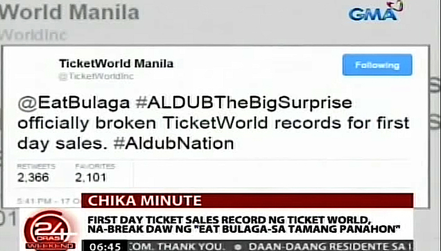 Ticket World Twitter post announcing that ALDUB broke the first day sales record