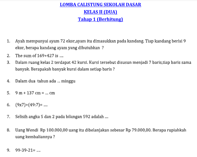 Contoh Soal Calistung Kls 2 Sd Tahun Pelajaran 2018 2019 Rofi