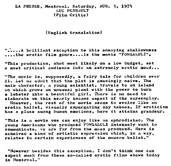 Review of Fongaluli (1972) by Ed Seeman (Eduardo Cemano) by La Presse, Montreal