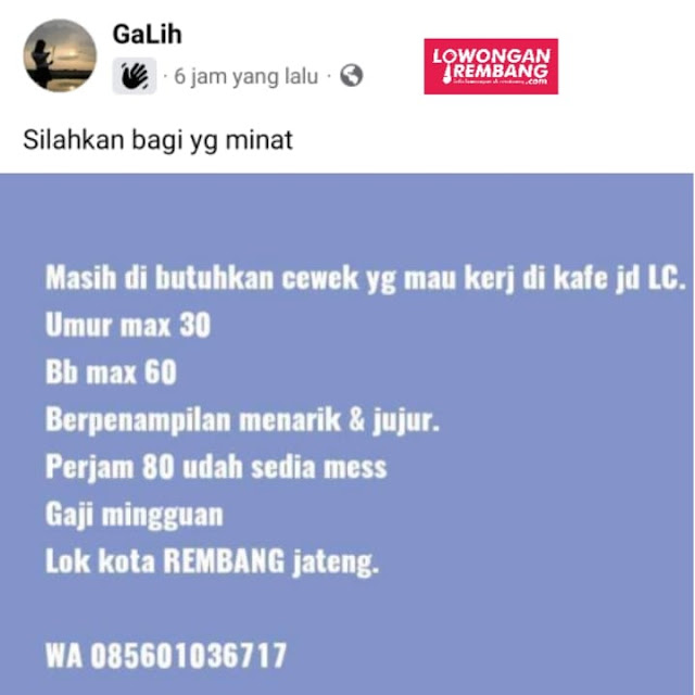 Lowongan Kerja Pegawai Ladies Companion (LC) GaLih Cafe Rembang Tanpa Syarat Ijazah