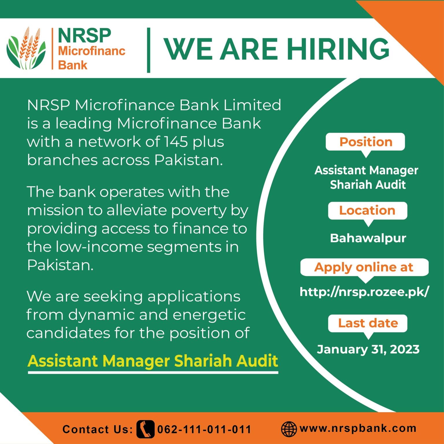 NRSP Microfinance Bank Ltd Jobs For “Assistant Manager Shariah Audit”.