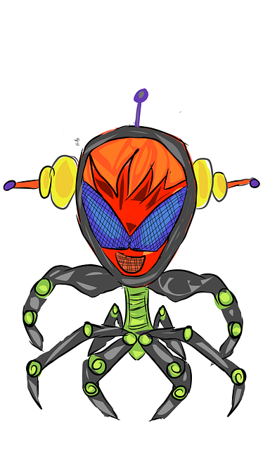 A painted sketch of a spidery, robotic alien.