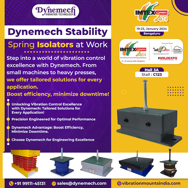 1.	 Dynemech Spring Isolators in action, reducing noise and vibration in heavy machinery. 2.	Display of a diverse range of Spring Isolators, including Integrated Visco Dampers and Shock Isolation solutions. 3.	 the effectiveness of Dynemech spring isolators in Stability of compressors, generators, and power presses is unparallel