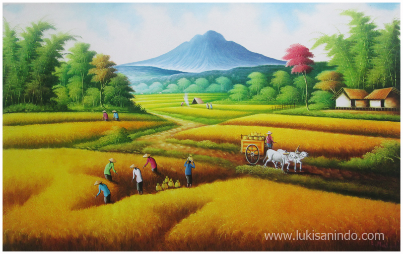  gambar  lukisan pemandangan sawah padi