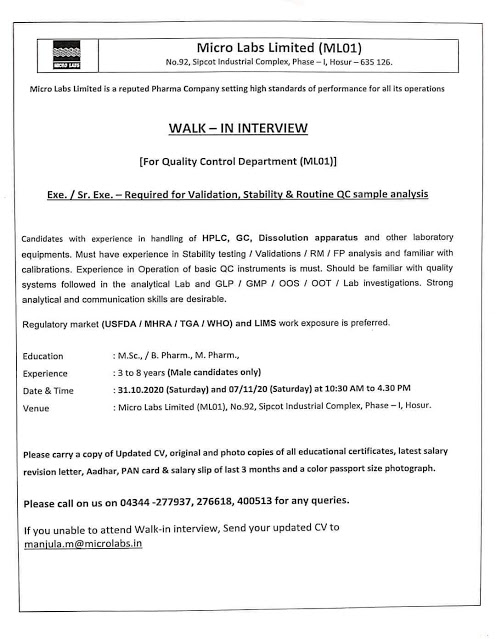 Micro Labs | Walk-In interview for QC on 31 Oct & 7 Nov 2020 at Hosur