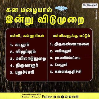 கனமழை காரணமாக இன்று (08.01.24) பள்ளி மற்றும் கல்லூரிகளுக்கு விடுமுறை அறிவிக்கப்பட்டுள்ள மாவட்டங்கள் 