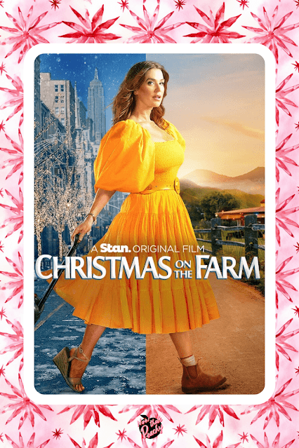 'Christmas on the farm' movie cover, A Girl's Guide to Best Christmas Rom-Com Banner love romance in pink red and white Holiday Christmas theme pattern