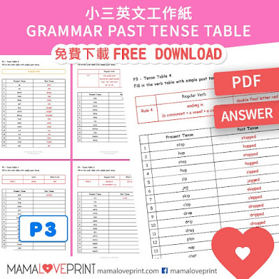 MamaLovePrint . Grade 3 English Worksheets . Grammar Past Tense Table Exercise PDF Free Download