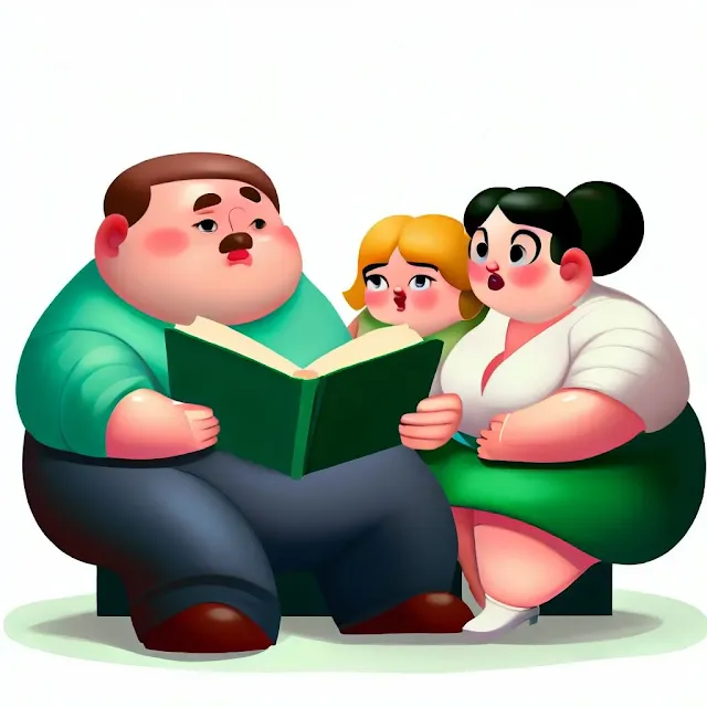 Familia de obesos leyendo (padre, madre, hijo)