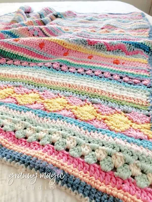 Crochet pattern with specialty stitches.