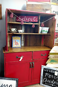 red rustic farmhouse hutch with reclaimed wood top