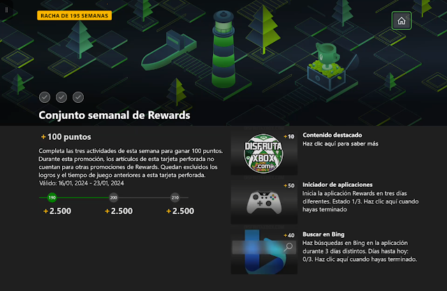 Conjunto semanal de Rewards: 100 puntos (195 Semanas completadas)