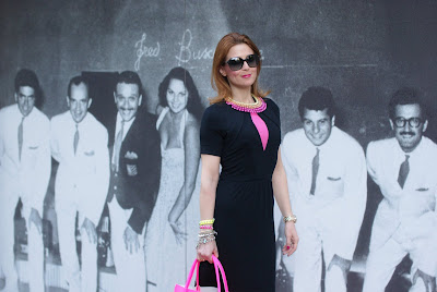 Neon bag, neon shoes, black dress