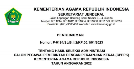 Pengumuman Hasil Seleksi Administrasi PPPK Kemenag Tahun 2022-2023
