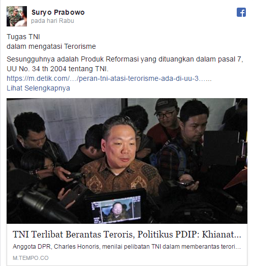 Suryo Prabowo: Aneh, TNI Berantas Teroris, Seharusnya Teroris yang Khawatir, ini Koq Bilang Khianati Reformasi?