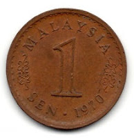 Malaysian 1 sen 1970 keydate coin, minted in Germany by Hamburg Mint.