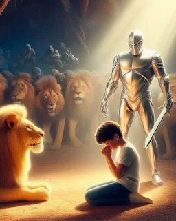 Boy kneeling before one lion shielded by Angel from other lions and people in the shadows