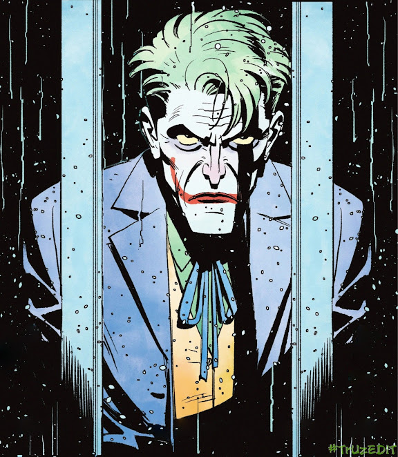 The Joker looking thru a rainy window cell.