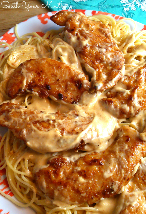 Chicken Lazone! An easy Cajun pasta recipe made with seasoned chicken pan-fried until golden in butter finished with a creamy, flavor-packed pan sauce.