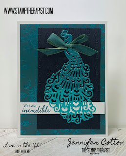 This Royal Peacock card uses lots of retiring Stampin' Up! products (Royal Peacock set, Detailed Peacock Dies, Noble Peacock designer paper & foil)!  Get them by June 2, 2020!  Details on the blog.  #StampTherapist #StampinUp