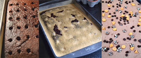 Chocolate sheet cake, poked and filled with butterscotch flavour pudding. Topped with a chocolate cream topping and chocolate chips.