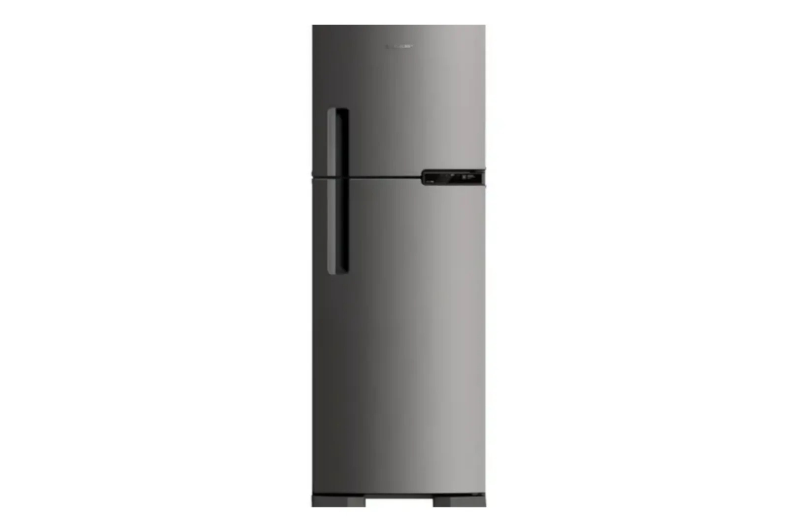 Fundo branco, geladeira duplex prata com detalhe preto.