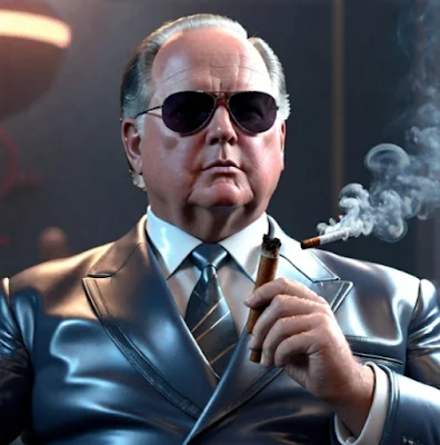 Rush Limbaugh wearing a silver leather blazer with a plastic tie smoking a cigar and sunglasses on