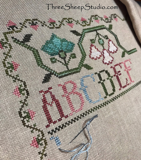 'Three Things Sampler' - design by Moire Blackburn - stitched by Rose Clay at ThreeSheepStudio.com