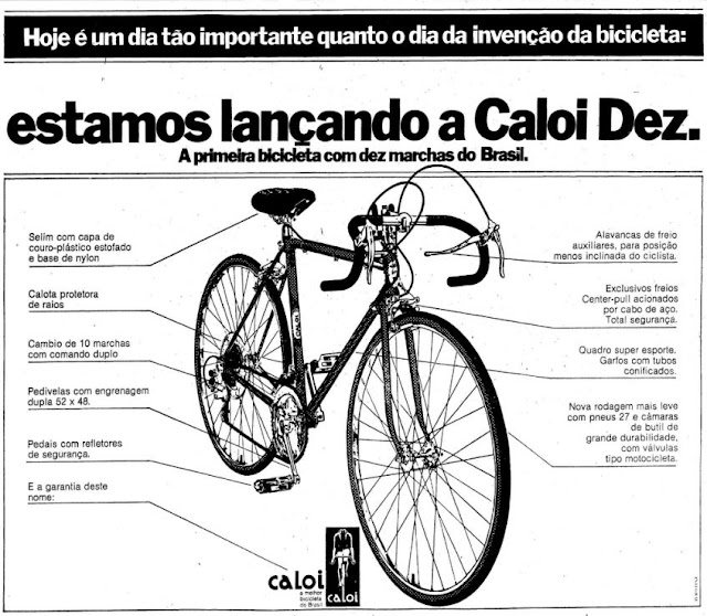 Propaganda da Caloi apresentando a primeira bicicleta com dez marchas do Brasil